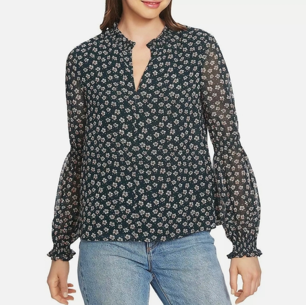 1. State Green Floral V-Neck Long Sleeve Blouse Size Small